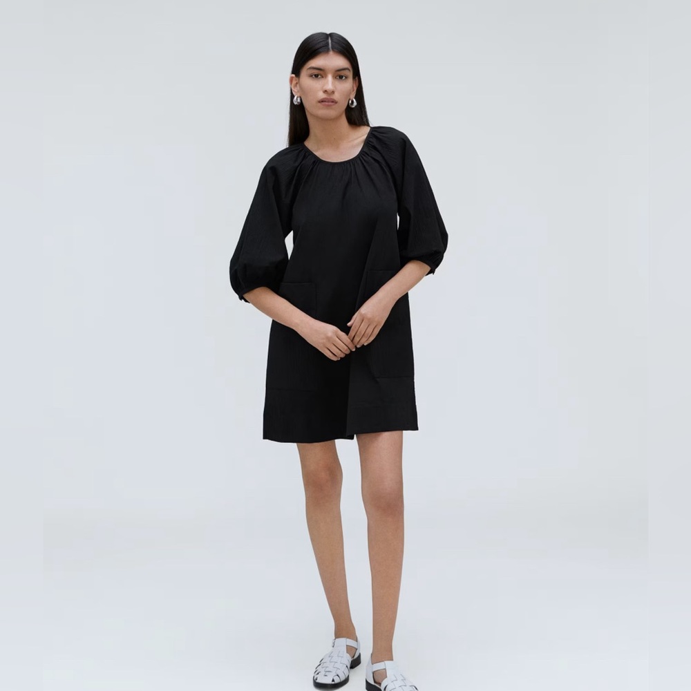 Everlane Seersucker Puff Sleeve Dress in black